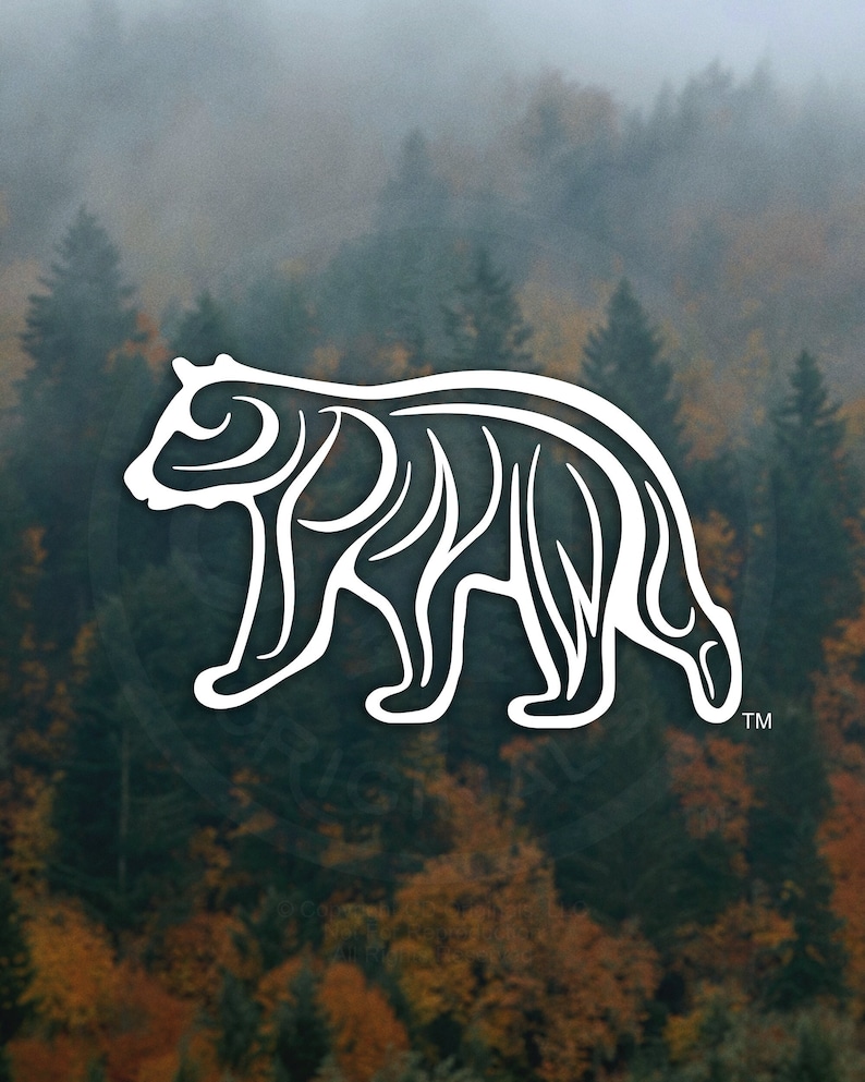 May include: A white stylized illustration of a bear with a detailed design of lines and curves. The bear is standing on a blurred background of a forest with fog.
