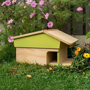 Op de afbeelding: Een houten vogelhuisje met een groen dak en een natuurlijke houten behuizing staat in een tuin. Het vogelhuisje heeft een rechthoekige vorm met een kleine ingang. Roze bloemen en groen gebladerte omringen het vogelhuisje.