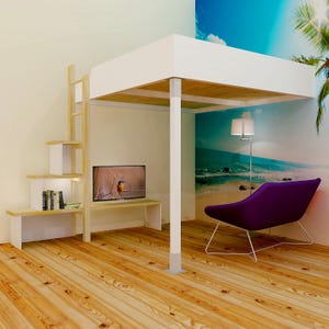 May include: A white loft bed with a wooden ladder and shelves. The bed is in a room with a purple chair and a beach scene mural on the wall.