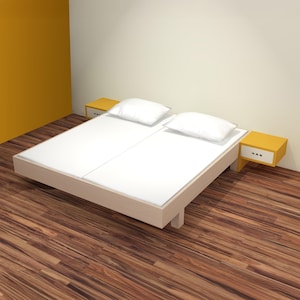 May include: A modern bed frame with a light wood finish, featuring a white mattress and two white pillows. Two yellow nightstands with white drawers are on either side of the bed. The room has a wooden floor and yellow and white walls.