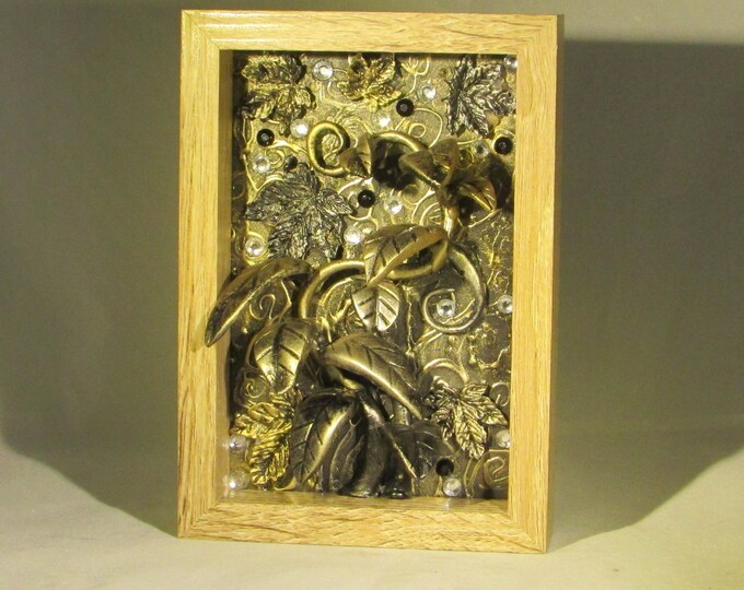 Botanical Gold and Silver Sculpted Plants with Jewels in Wood Frame