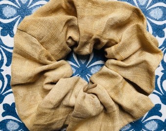 Hand dyed scrunchie, naturally plant dyed, linen, botanical plant dyes, oak galls