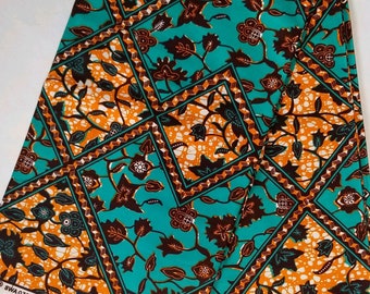 African Fabric, African Print Fabric, Ankara fabric, Fabric by the yard, 100% African cotton fabric, Turquoise , Gold, Vines, Leaves