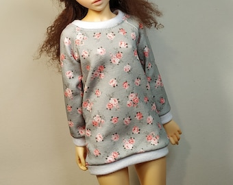 Minifee pink tiny roses on gray blouse with white cuffs jumper sweater tee minifee clothes outfit dress for slim msd bjd dolls