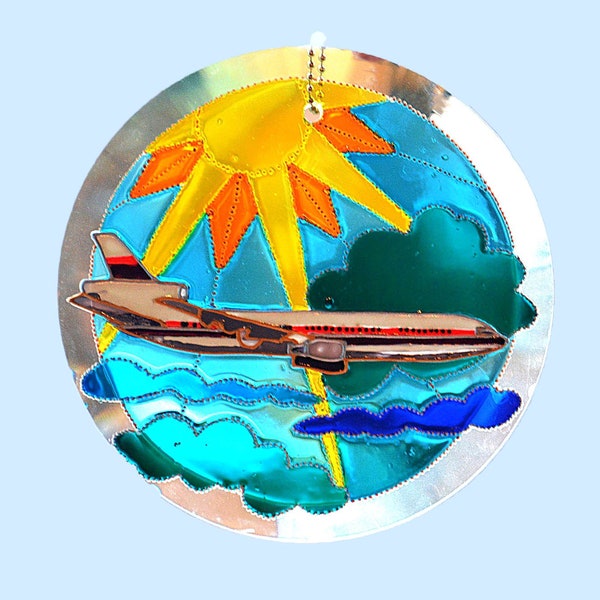 Blue Clouds Aeroplane Sun Catcher, Stained Glass Airplane Pilot Gift, Custom Hand Painted Plane, Bespoke Wall Hanging Suncatcher for Garden