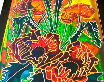 Glowing Stained Glass Floral Candle Lantern, Hand Painted with Orchids and Poppies, Radiant Garden Suncatcher, Heirloom Window Ornament