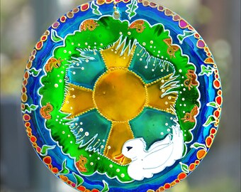 Ducklings Stained Glass Hanging Sun Catcher, Mother Duck & Babies on the River Ornament, Spring Baby Shower Gift, Nursery Window Decoration