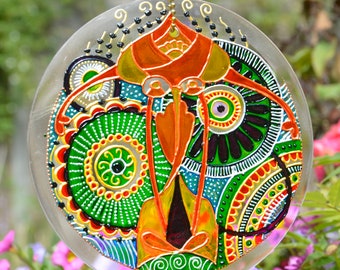 Glowing Green Stained Glass Mandala Sun Catcher 6", Zen Garden Suncatcher, Yoga Glass Painting, Spiritual Window Ornament, Meditation Decor