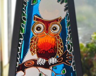 Stained Glass Owl Candle Lantern, Hand Painted Bird Suncatcher, Nature Garden Decor