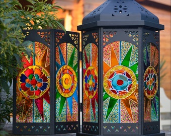 COMPLETELY CUSTOM Stained Glass Moroccan Candle Lantern, Hand Painted to Your Own Specifications, A Unique Keepsake Gift, Large Hanging Lamp