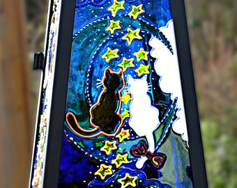Moon & Stars Candle Lantern, Cat Lover Gift, Hand Painted Blue Turquoise Hanging Lamp, Cute Cat Couple in Starry Night Sky, Glass Painting