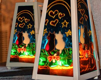 Valentine Cat Tealight Lantern, Anniversary Votive Light, Hand Painted Candle Holder, Cat Lover Gift Suncatcher, Garden Art Glass Painting