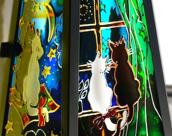 Cats in Night Sky Painting, Cat Candle Lantern for a Cat Lover Gift, Hand Painted Garden Sun Catcher Ornament, Moon Stars Stained Glass Art