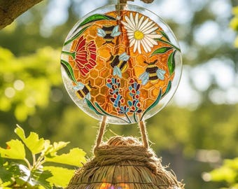 Bumble Bee Hanging Sun Catcher, Hand Painted Stained Glass Bees on Honeycomb, Sunshine Insect Art, Floral Window Decoration, Garden Ornament