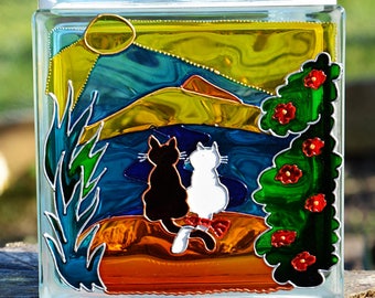 Cat Couple Night Light, Stained Glass Sun Catcher, Recycled & Hand Painted Glass Block, Cat Lover Gift, Garden Ornament, Kitty Window Decor