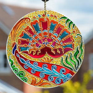 Hanging Garden Sun Catcher, Stained Glass Floral Window Roundel, William de Morgan Arts & Crafts, Glass Painting, Decorative Flower Gift