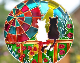 Sunshine Cat Hanging Sun Catcher, Cute Cat Lover Gift, Painted Glass Roundel, Garden Art Ornament, Cat Couple Window & Garden Suncatcher
