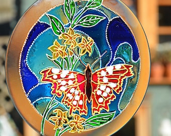 Blue Butterfly Sun Catcher Roundel, Stained Glass Painting Window Decoration, Red Pink Butterflies Garden Ornament, Hanging Suncatcher Gift