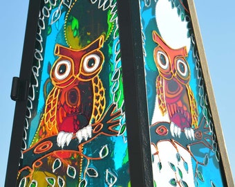 Hand Painted Stained Glass Owl Lantern, Sun Catcher, Night Light
