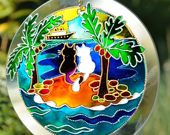 Cute Cat Couple Hanging Sun Catcher, Desert Island Garden Roundel, Hand Painted Stained Glass Window Ornament, Colourful Cat Lover Gift
