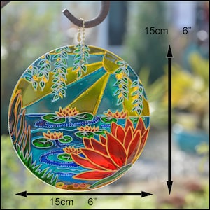 Waterlilies Lake Suspending Suncatcher pour la décoration de jardin colorée, décoration de fenêtre florale en verre teinté peinte à la main, cadeau damoureux des fleurs image 5