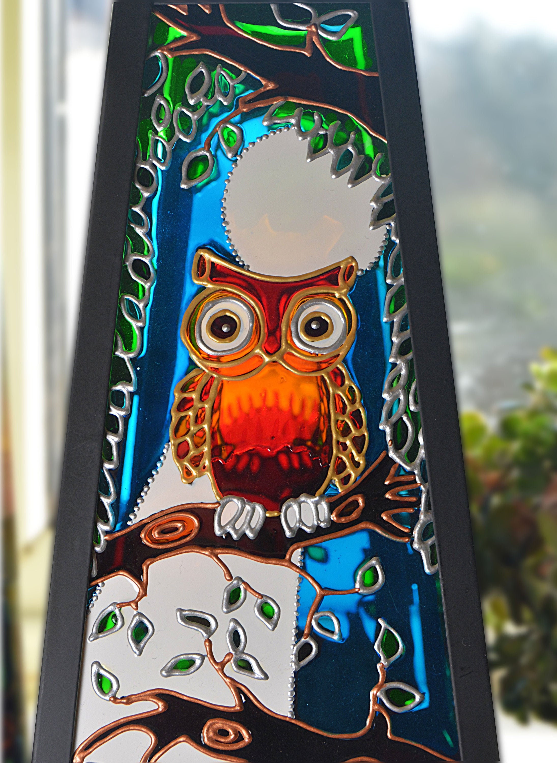 ステンドグラスのフクロウ型キャンドルランタン、手描きの鳥のサン