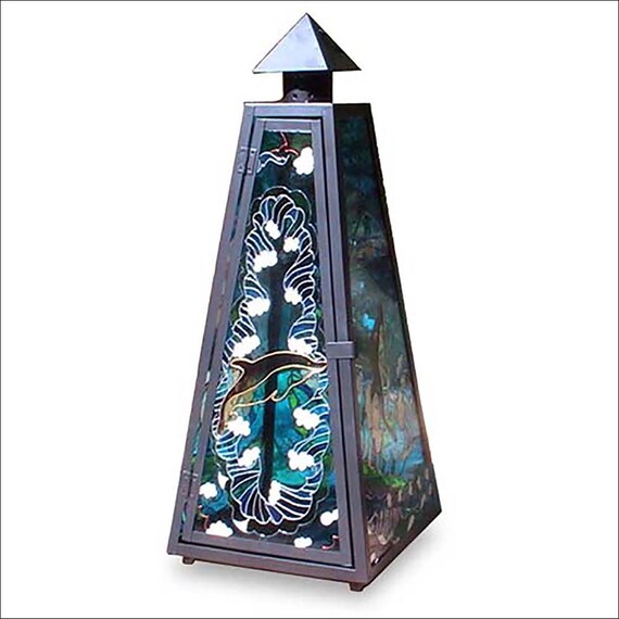 Dolphin Lover Black Garden Lantern, Sea Dolphins Glass Painting