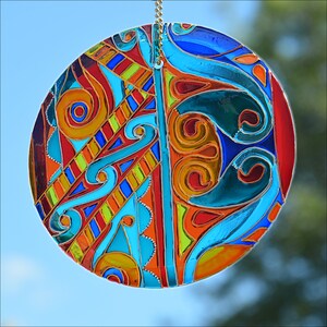 Red Blue Celtic Wall Hanging, Stained Glass Garden Sun Catcher, Eternity Knots Wall Art, Orange Window Decoration, Christmas Gift for Him image 7