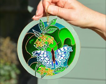 Handbemalter Glas-Sonnenfänger – Schmetterlings-Design, Blau, 15 Cm Durchmesser, Mit Kette