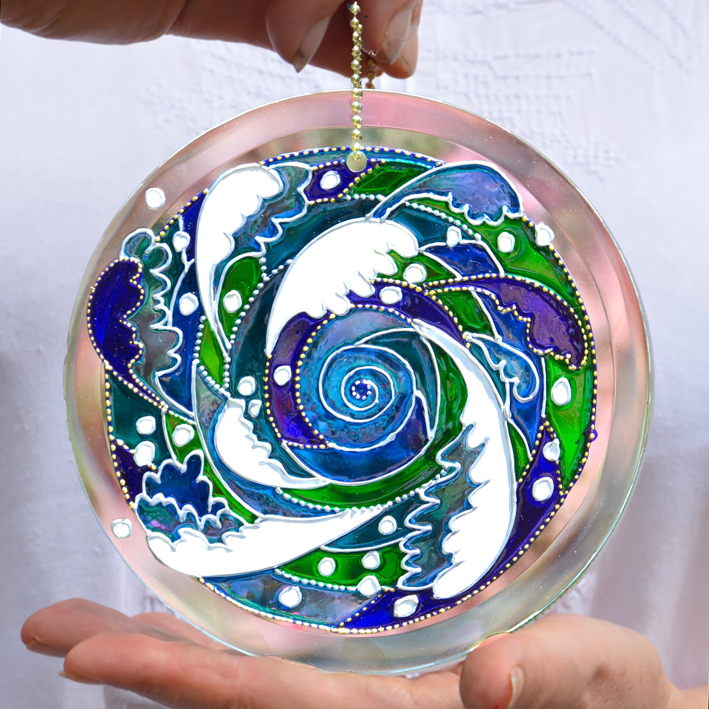 Oriental Ocean Stained Glass Sun Catcher, Hanging Great Wave