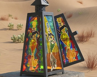 African Women Stained Glass Lantern, Africa Fabric Theme Candle