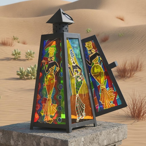 African Women Stained Glass Lantern, Africa Fabric Theme Candle