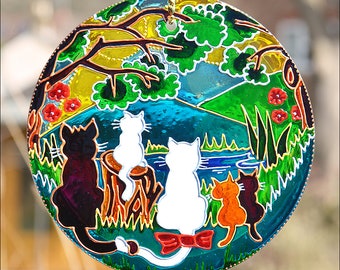 Stained Glass Cat Family Gift, Cats and Kittens Woodland Sun Catcher, Cat Lover Hanging Window Art, Vivid Hand Painted Glass Garden Ornament