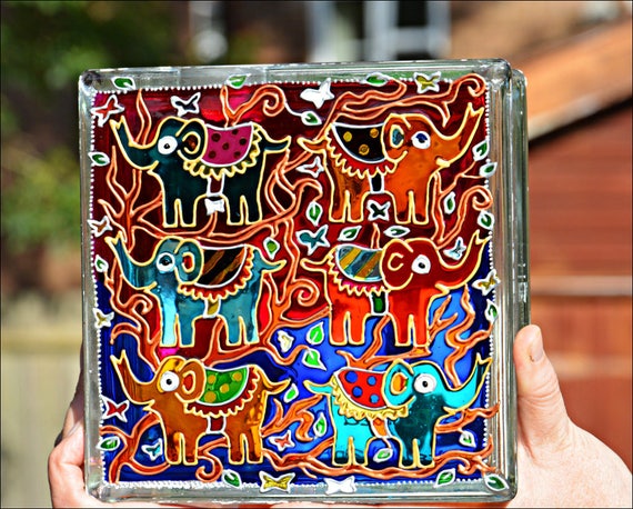 Glasmalerei Elefant Garten Malerei Bunte Pop Art Hand Bemalt Etsy