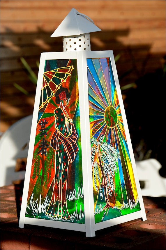 Japanese Geisha Girl Hanging Lantern, Unique Hand Painted Candle