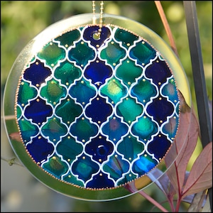 Moroccan Blue Stained Glass Sun Catcher, 6&quot; Hanging Garden Ornament, Hand Painted Turkish Tile Pattern Wall Art, Aqua & Indigo Window Decor