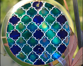 Moroccan Blue Stained Glass Sun Catcher, 6" Hanging Garden Ornament, Hand Painted Turkish Tile Pattern Wall Art, Aqua & Indigo Window Decor