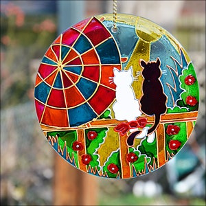 Sunshine Cat Hanging Sun Catcher, Cute Cat Lover Gift, Painted Glass Roundel, Garden Art Ornament, Cat Couple Window & Garden Suncatcher image 5