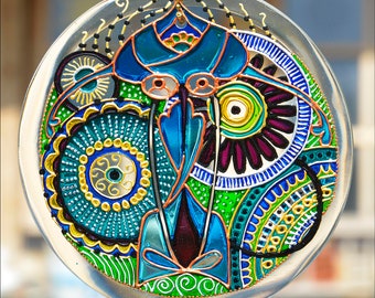 Målat glas 15 cm blå mandala väggkonst, zenträdgårdssolfångare, yogaglasmålning, spirituell fönsterdekoration, meditationsdekor väggbonad