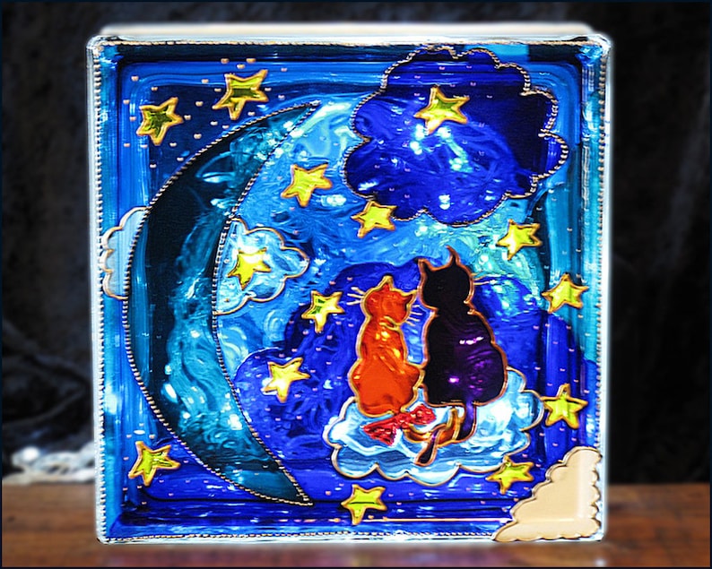 Moonlight Cat Stained Glass Night Light Hand Painted Glass Etsy