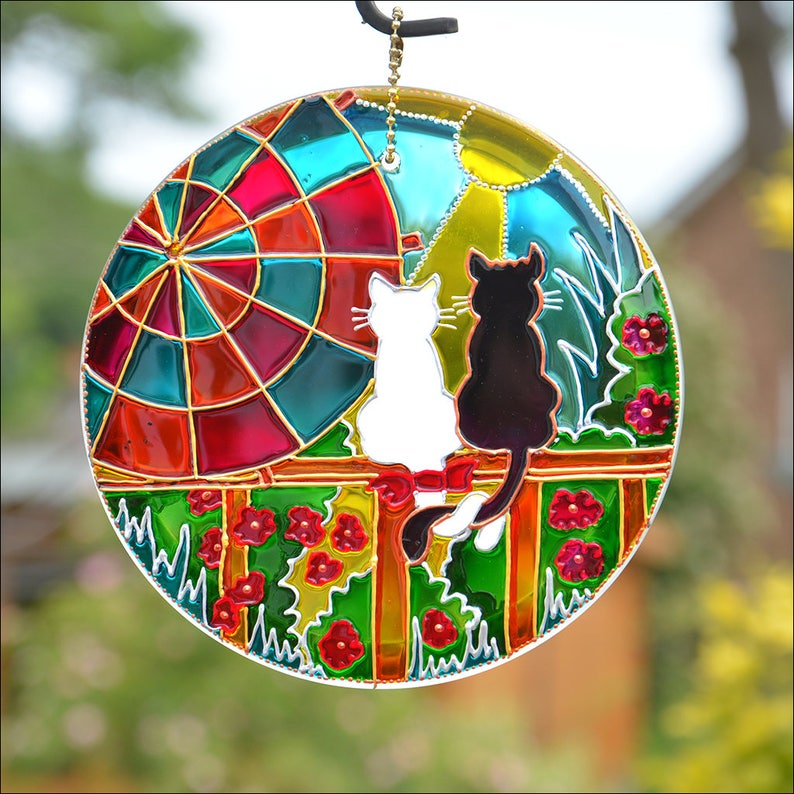 Sunshine Cat Hanging Sun Catcher, Cute Cat Lover Gift, Painted Glass Roundel, Garden Art Ornament, Cat Couple Window & Garden Suncatcher image 1