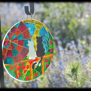 Sunshine Cat Hanging Sun Catcher, Cute Cat Lover Gift, Painted Glass Roundel, Garden Art Ornament, Cat Couple Window & Garden Suncatcher image 8