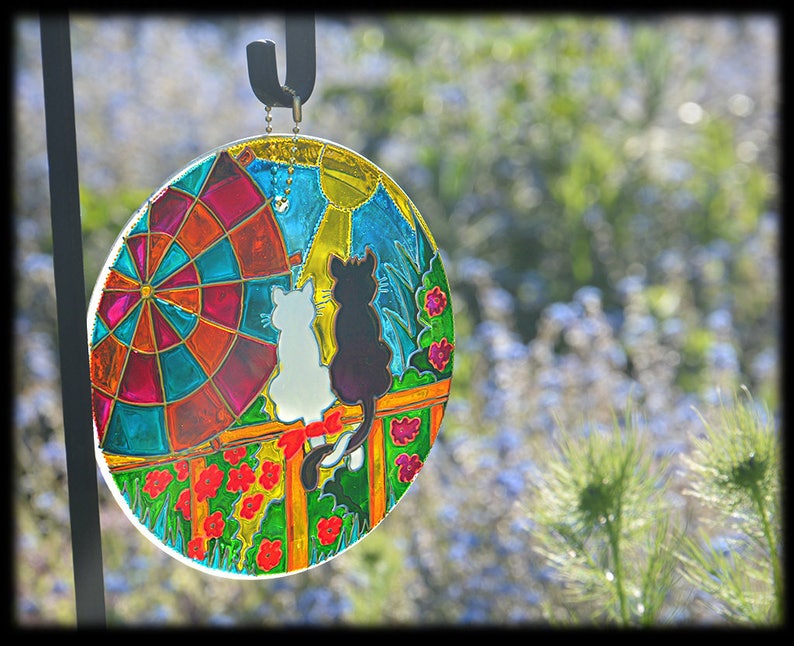 Sunshine Cat Hanging Sun Catcher, Cute Cat Lover Gift, Painted Glass Roundel, Garden Art Ornament, Cat Couple Window & Garden Suncatcher image 8