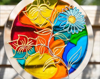 Bright Colour Flower Hanging Suncatcher, Multi Colour Window Light Catcher, Garden Roundel Decoration, Glass Sun Catcher, Flower Lover Gift