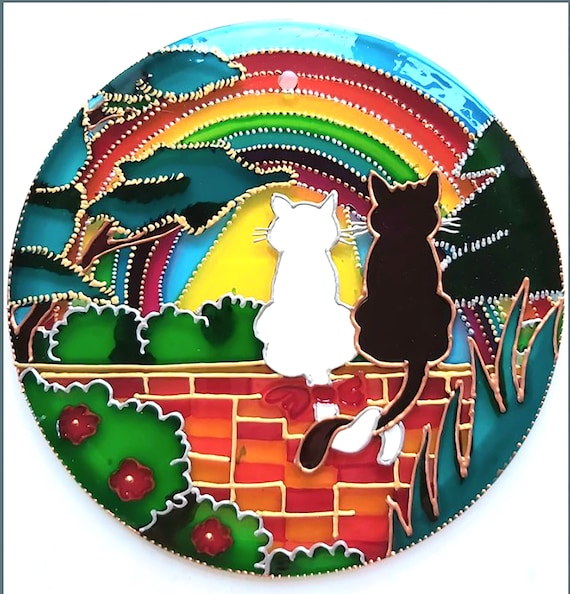 Rainbow Cats on Garden Wall Hanging 6" Stained Glass Sun Catcher, Colourful Cat Lover Gift, Black & White Cat Couple Window Decor Ornament