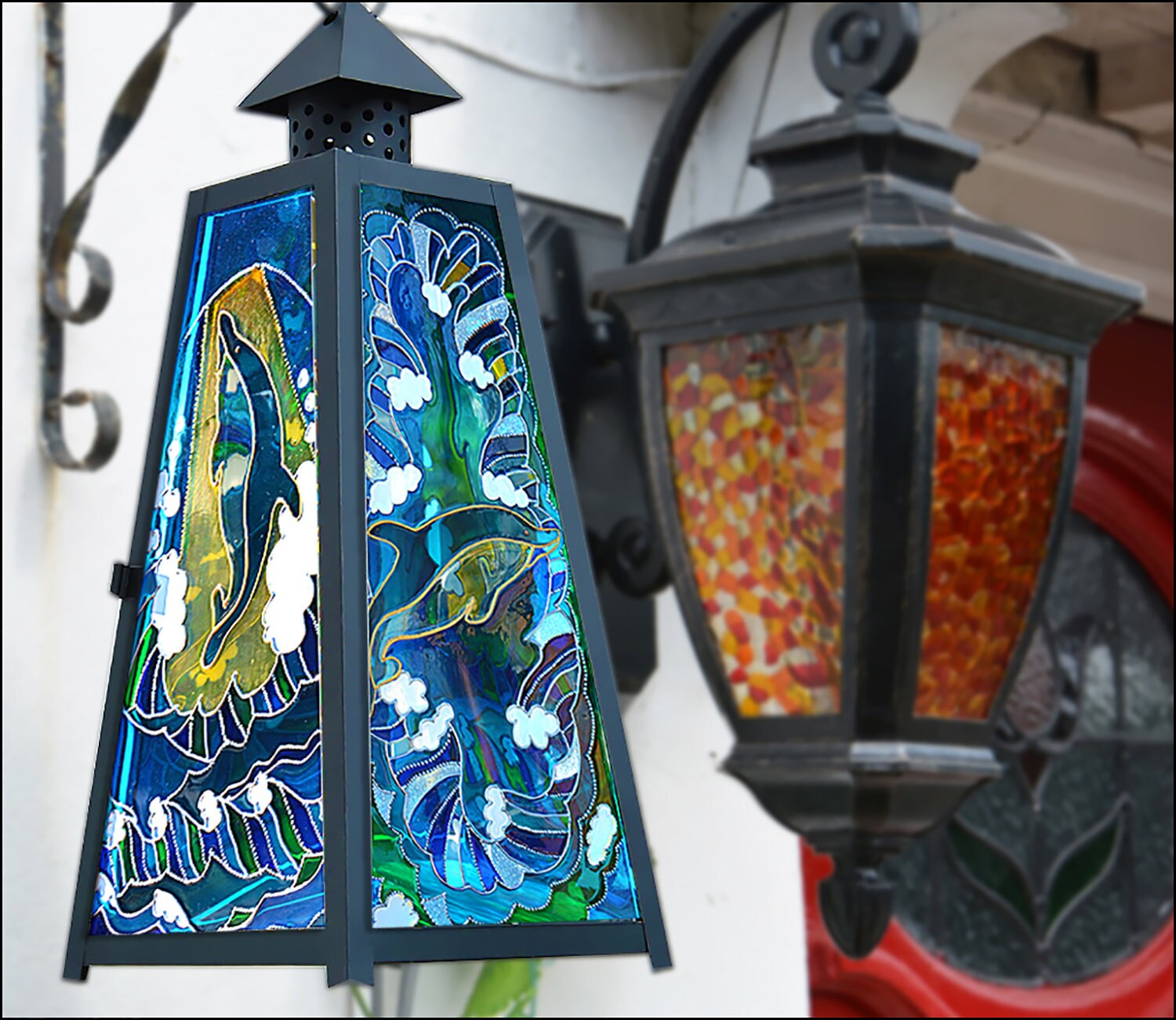 Dolphin Lover Black Garden Lantern, Sea Dolphins Glass Painting