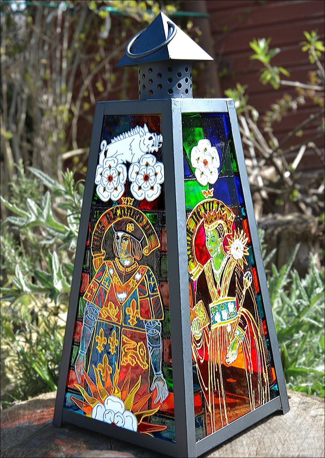 Richard III Hanging Lantern, Hand Painted Stained Glass Yorkist