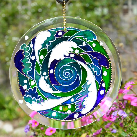 Oriental Ocean Stained Glass Sun Catcher, Hanging Great Wave
