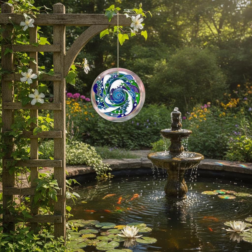 Oriental Ocean Stained Glass Sun Catcher, Hanging Great Wave