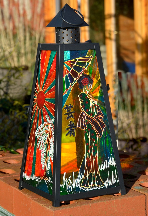 Japanese Geisha Girl Hanging Lantern, Unique Hand Painted Candle